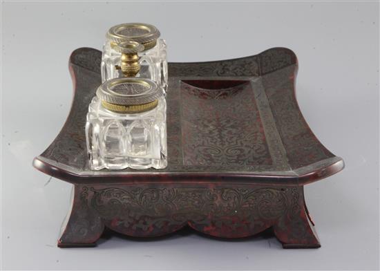 A William IV ormolu and red boullework ink stand, width 14in. depth 11.5in.